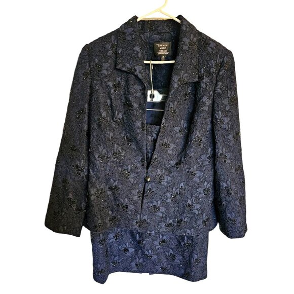 Carmen Marc Valvo Beaded Skirt Suit Size 26 Navy Floral Lace Blazer2 pc